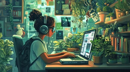 Teen online job opportunities, exploring remote work in areas like tutoring or social media, illustrations.