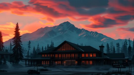 Mountain lodge at sunset with vibrant clouds.