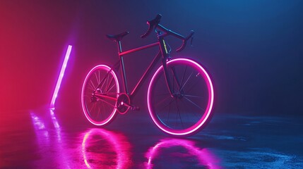 Fototapeta premium Bicycle illuminated with neon lights in a dark studio setting during a creative photography session at night. Generative AI