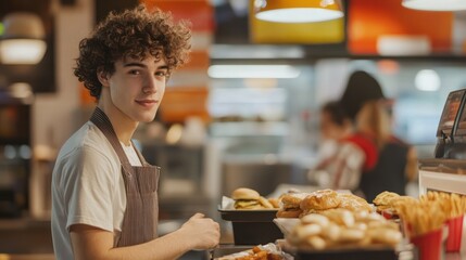 Teen working in fast food, learning teamwork and multitasking in a busy restaurant.