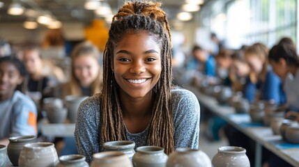 Young girl smiles while participating in pottery class surrounded by classmates creating ceramic pieces in a bright studio. Generative AI