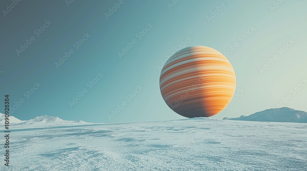 Canvas Prints a minimalistic landscape featuring a large striped planet hovering above a snowy terrain under a cle
