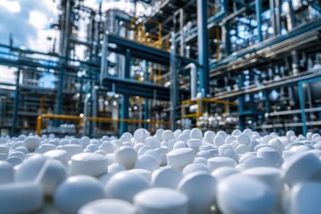Obraz premium Pharmaceutical manufacturing facility with white tablets on the ground under bright sky