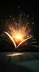  Abstract design illustrating knowledge spreading as light, with radiating lines, book-like shapes, and glowing orbs symbolizing learning and inspiration.
