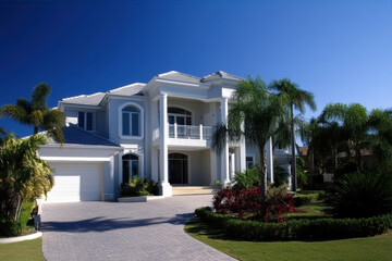 Modern Luxurious Coastal Home With Palm Trees and Clear Blue Sky