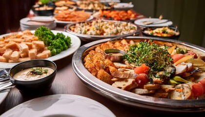 Obraz premium Close-up of buffet spread with appetizers and main dishes