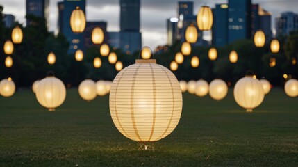 Illuminated lanterns in a park during twilight.
