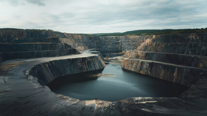Aerial view of large quarry surrounded by steep rock formations and tranquil body of water, showcasing contrast between nature and industrial activity