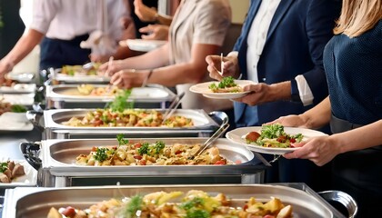 group of people enjoying buffet food at indoor catering event