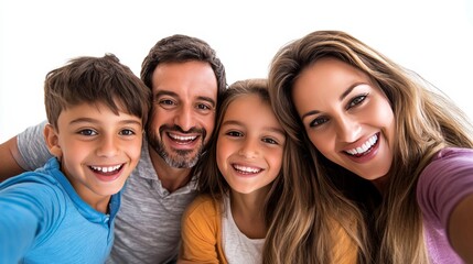 Obraz premium A family of five taking a group selfie, all smiling and huddled together, isolated on a white background