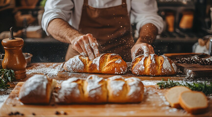 A baker sprinkles flour over freshly baked bread on a wooden table, showcasing the art of bread-making in a warm, inviting kitchen.