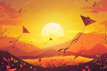 Beautiful greeting card with colorful kites soaring high above vibrant sky to holiday composition