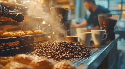 A cozy cafe scene featuring freshly roasted coffee beans, steaming cups, and baked goods, creating a warm, inviting atmosphere.