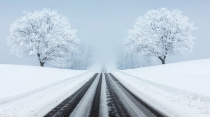 Obraz premium Snowy road flanked by frosty trees in winter fog.