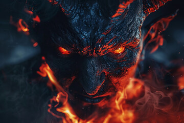 Fototapeta premium Scary sinister devil is in hell with dramatic fire lighting