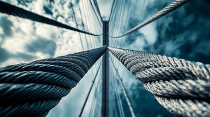 Obraz premium Close perspective of a bridge's textured steel ropes showcasing tension and strength, against a dramatic sky, implying journeys, connections, AI Generative