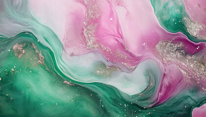 Obraz premium Sparkling fluid. Liquid ink color mix. Blurred magenta green color shiny dust particles acrylic paint swirl water emulsion flow abstract art background.