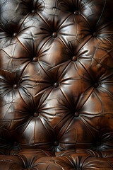 Naklejka premium Close-up of a worn, brown leather tufted armchair backrest.