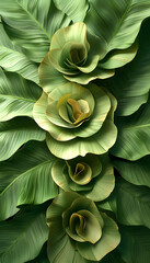 Fototapeta premium Close-up of three unique, spiraling green tropical plant formations nestled amongst large leaves.