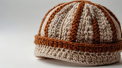 Fototapeta premium Handknitted woolen hat featuring intricate patterns in beige and brown colors, perfect for warmth and style during colder seasons