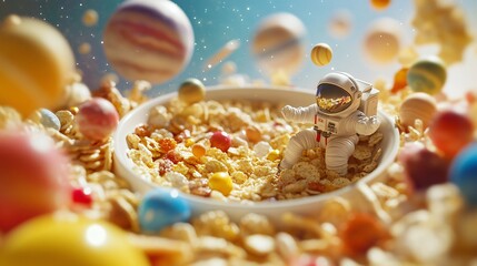 Astronaut enjoying cereal in a whimsical space-themed setting with colorful planets floating around. Generative AI