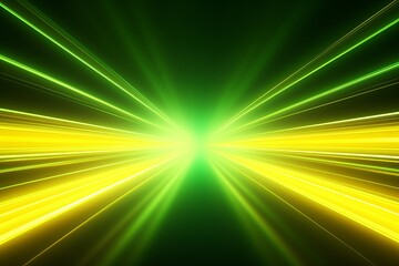 Bright beams of green and yellow light radiate through a dark space. Generative AI