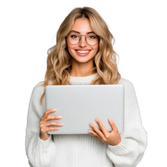 A happy woman, laptop and portrait for online research, creative planning and education or e-learning. A student at a computer to receive information, isolated on a transparent background.