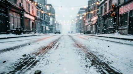Snowy street with festive lights in winter ambiance.