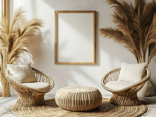 3D Illustration - Bohemian Interior Design with Rattan Furniture and Pampas Grass