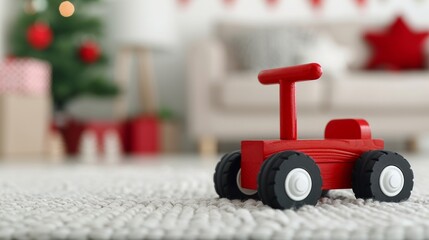 Fototapeta premium A red wooden toy car on a cozy carpet.