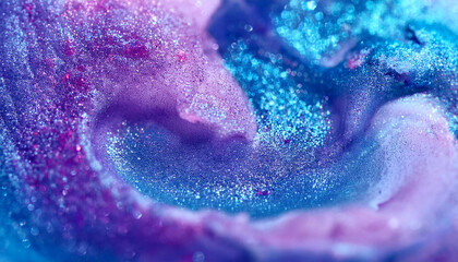 Fototapeta premium Sparkling fluid. Liquid ink color mix. Blurred purple blue color shiny dust particles acrylic paint swirl water emulsion flow abstract art background.
