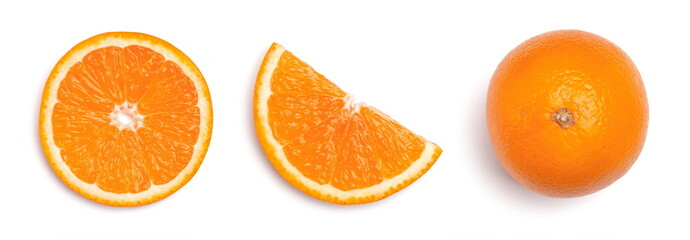 Sliced orange fruit segments isolated on white background, citrus, vitamin C, California orange, Tangerine, juicy, tangy, sweet orange,  top view, antioxidents