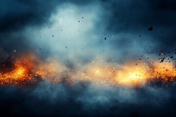 Abstract background with fire particles and sparks, smoke, debris and noise after natural disaster, catastrophe or bomb explosion. War, military operation concept. Backdrop for design war game