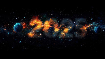 Fototapeta premium The year 2025 is depicted in fiery, galactic-themed lettering set against a dark background with stars and planets.