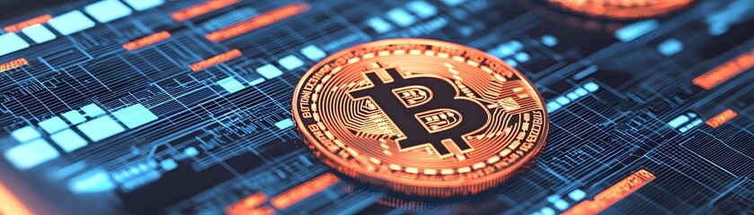 Obraz premium Virtual Bank Ecosystem Concept, Digital Currency Transaction on a Screen Featuring Bitcoin Graphic, Illuminated in a Modern Technological Environment