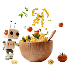 pasta flying out of a bowl isolated and on robot on a transparent background