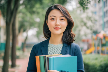 Fototapeta premium A beautiful Chinese girl, either a student or a young teacher, is standing near an educational institution with books in her hands.