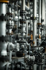 Industrial piping system, valves, and flanges.