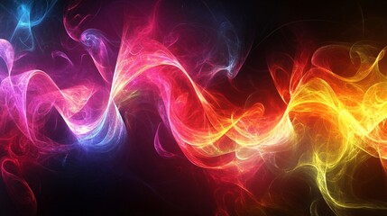 Obraz premium Colorful abstract wave patterns display vibrant hues of pink, blue, orange, yellow, and purple against a dark background, creating a mesmerizing visual experience. Generative AI