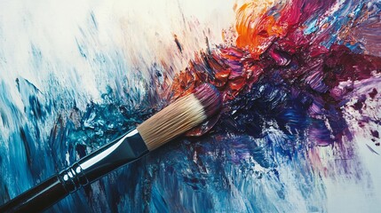 Obraz premium Vibrant brush applying colorful paints on textured canvas with abstract patterns during an artistic creation process. Generative AI