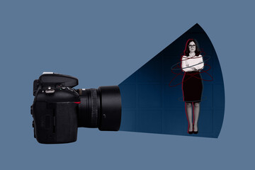 Composite photo collage of serious girl crossed hands modern camera shooting cadre journalism news...
