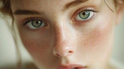 Fototapeta premium Portrait of a Young Beautiful Woman with Perfect Skin and Striking Green Eyes, Captured in a Soft and Natural Light, Emphasizing Delicate Features and Radiant Beauty