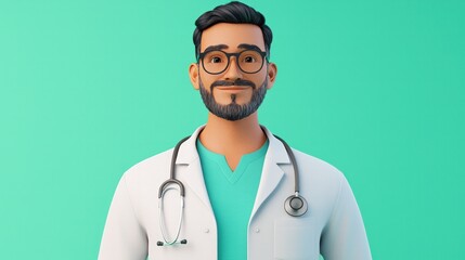 Fototapeta premium A friendly, animated doctor with glasses, wearing a lab coat and stethoscope, smiles against a teal background.