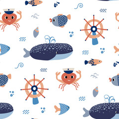 Colorful marine-themed pattern featuring playful sea animals and nautical elements, perfect for children decor or textiles