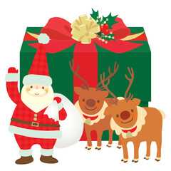 クリスマスプレゼントの前で微笑むサンタクロースとトナカイのベクターイラスト