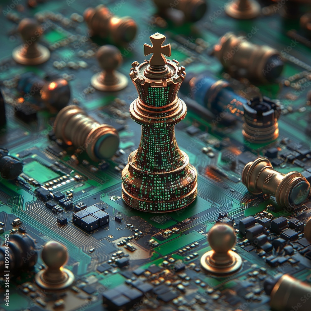 Leinwandbilder a chess piece, full of computer code, stands among defeated pieces on a circuit board.