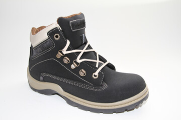 Men's boots. Waterproof leather. white background. Side view.