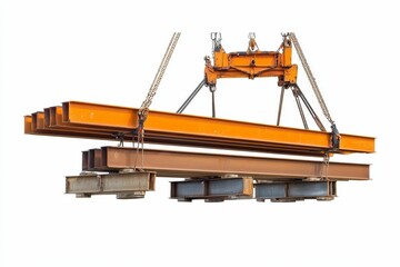 Obraz premium Crane lifts rusty steel beams, construction.