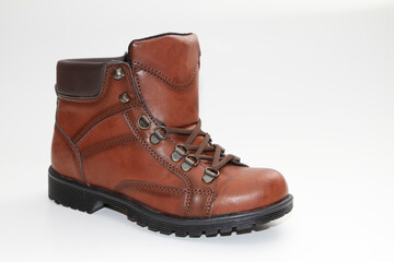 Men's boots. Waterproof leather. white background. Side view.