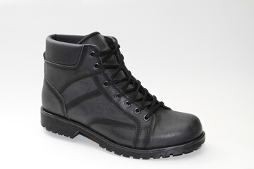 Men's boots. Waterproof leather. white background. Side view.